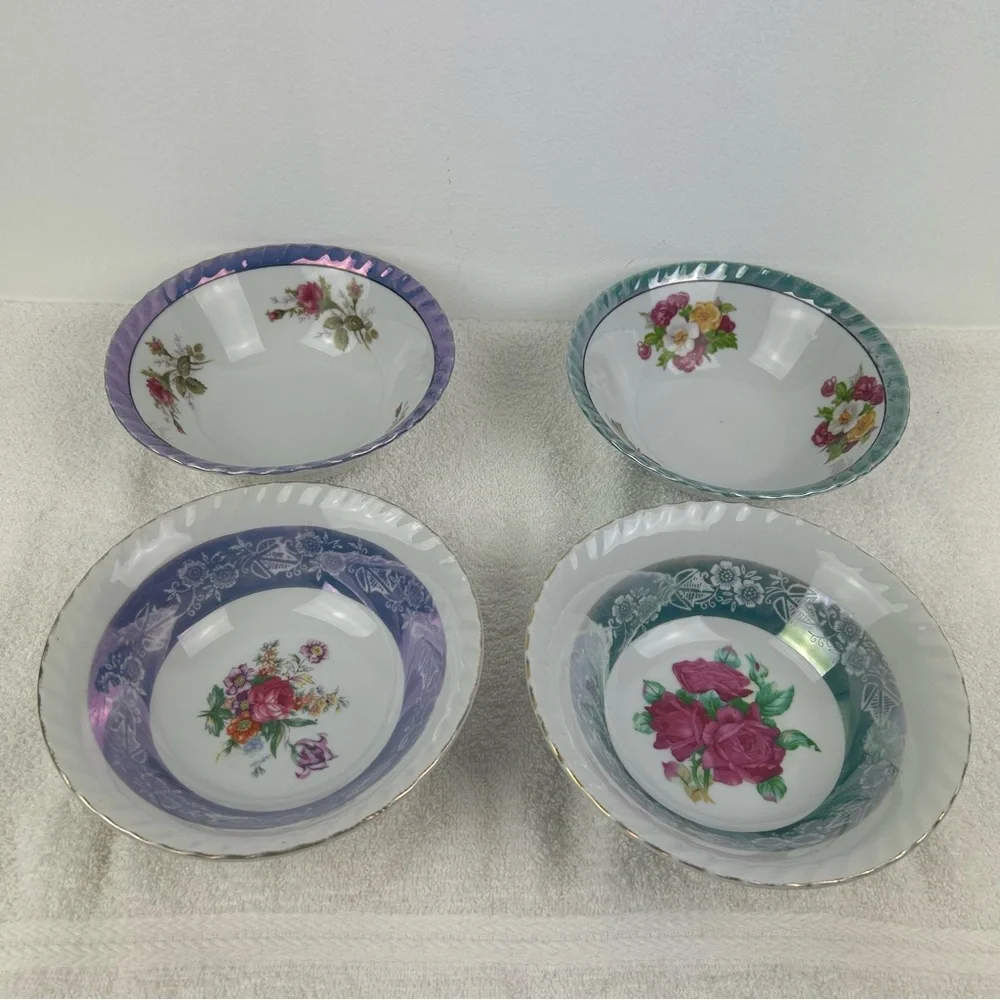 4 VTG Floral Porcelain Soup/Serving Bowls - (Purple & Teal) 7